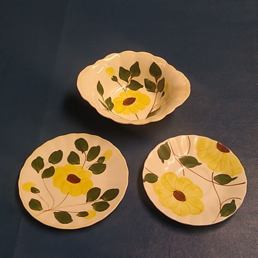 Vintage Nocture Yellow Blue Ridge Southern Pottery Bowl Saucer Sm Plate